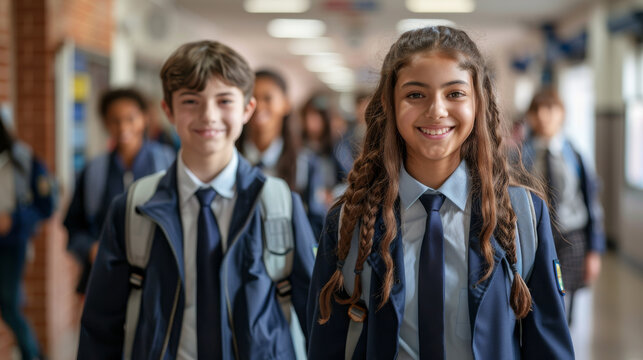 A group of students wearing school uniforms and ties are smiling for the camera
