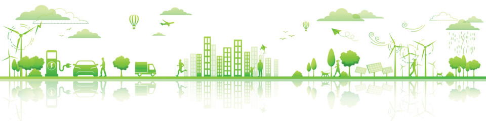 Eco Friendly and Sustainable Energy Concept Vector Banner. Green Energy Design Elements for Clean Environment, Technological Renewable development and Alternative Energy concept, Vector illustration