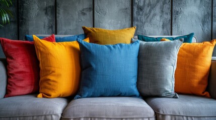 vibrant throw pillows on a comfy couch, creating a cozy home ambiance with space for text
