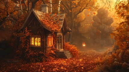 A cozy cabin engulfed in a blanket of autumn leaves, with a warm glow emanating from its windows.