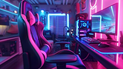 Gaming chair with neon lights visually striking ambiental scene that transports players into the game's immersive world. 