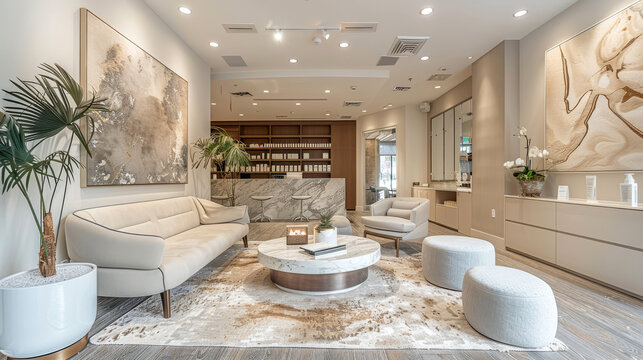 A high-end beauty salon with elegant furniture and modern decor, featuring plush seating and calming artwork. Shelves display premium beauty products, enhancing the luxurious ambiance