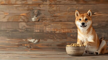 Shiba Inu dog sitting patiently with a bowl of kibble, looking eagerly for a treat, wooden wall