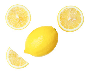Top view set of beautiful yellow lemon fruit with halves and slices or quarters isolated on white background with clipping path