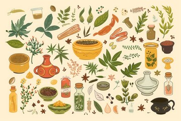 Extensive collection of botanical illustrations featuring herbs, spices, and traditional containers on a soft cream background.Ayurvedic hebs. Ayurveda. Generative AI