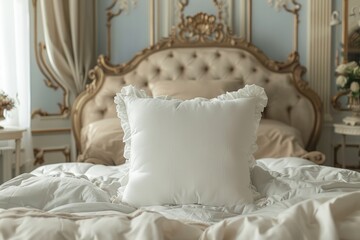 white pillow with ruffled edges on an ornate carved bed in a vintage-style bedroom with light blue walls. Elegant and luxurious interior design. Generative AI