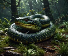 Obraz premium green, anaconda, snake, reptile, animal, nature, wildlife, python, viper, serpent, wild, lizard, skin, venomous, grass, constrictor, boa, dangerous, tongue, scales, eye, danger, rattlesnake, poisonous