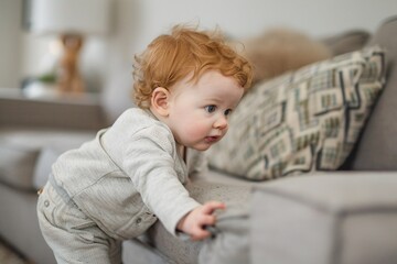 Fototapeta premium A baby is energetically climbing on a couch in a cozy living room, exploring their surroundings with curiosity and determination