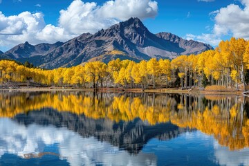 Fall In The Mountains. Colorful Autumn Landscape with Yellow Aspens and Reflection in June Lake