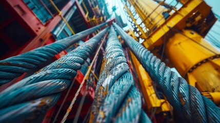Dockyard with thick mooring cables and ropes lying on the ground.