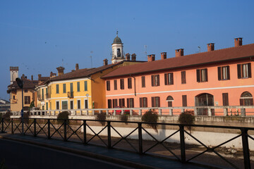 Gaggiano, Milan Italy: exterior of historic houses along the Naviglio Grande