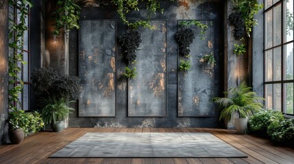 Naklejka premium Minimalist wedding interior with blank posters and beautiful black flowers on the walls