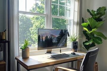 Stylish Modern Home Office with Natural Light and Elegant Decor