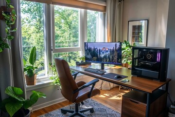 Stylish Modern Home Office with Natural Light and Elegant Decor