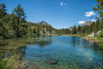Picturesque Mountain Landscape with Clear Blue Lake and Pine Trees