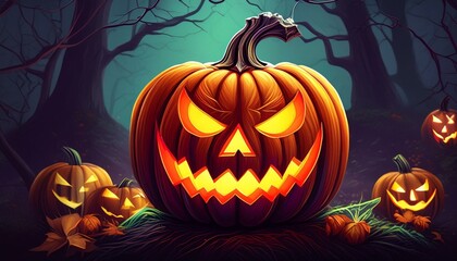 Real Jack O Lantern for halloween pumpkin head in night darkness