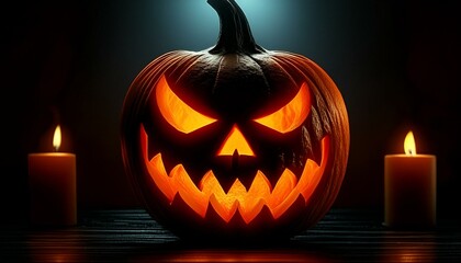 Real Jack O Lantern for halloween pumpkin head in night darkness