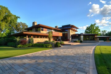 Outside Of Home. American Big Brown Stone House with Modern Design and Driveway