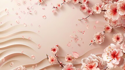 Modern template with cherry blossom and peony flowers with wave pattern elements.  