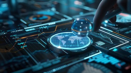 Naklejka premium Financial analysis through digital magnification on futuristic devices