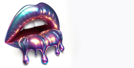 Glossy Metallic Lips with Dripping Shine. sensual lips with glossy dripping chrome lipstick. Metallic glitter effect. Isolated white background with copy space. 