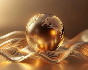 An elegant background with a metallic globe surrounded by abstract golden waves, representing luxury international business