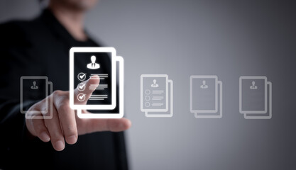 Human Resource Management (HR) concept: a businessman using touch selection for recruitment, leadership development, and strategic customer targeting to effectively fill company positions.
