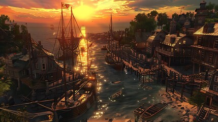 A quaint seaside village basking in the warm glow of a summer sunset, with fishing boats bobbing...