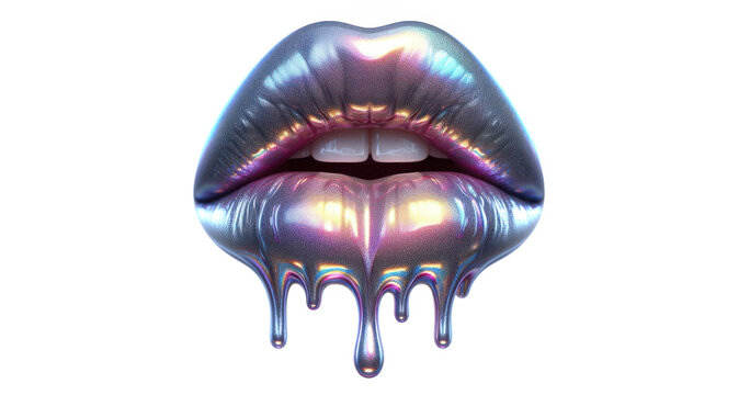 Metallic Drip with Glossy Shiny Lips. sensual lips with glossy dripping chrome lipstick. Metallic glitter effect. Isolated white background with copy space. 
