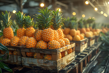 The harvested pineapples are neatly packed in wooden boxes on the sorting table, ready for distribution at a bustling orchard during the peak of the harvest season