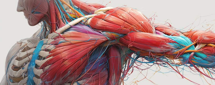 Anatomic of a muscular system and skeleton of a human torso. Highly detailed and scientifically accurate. Blue veins, red muscles, white bones.