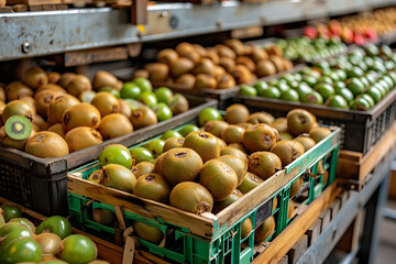 The harvested kiwi crop is neatly packed in wooden boxes on the sorting table, ready for distribution at a bustling orchard during the peak of the harvest season