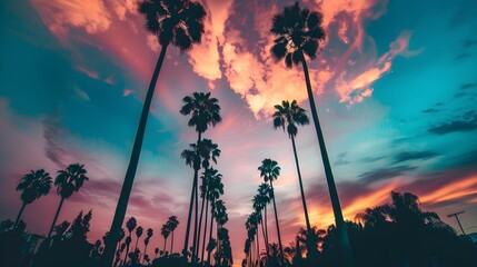 A stunning view down a road with palm trees on both sides at dusk. The twilight hour creates pink and purple clouds.