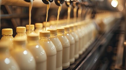 A close-up of fresh milk being poured into a glass bottle.