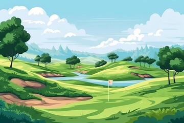 golfing session flat design front view golf course theme cartoon drawing colored pastel