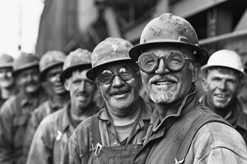 Fototapeta premium Group of construction workers smiling, representing teamwork in industrial settings