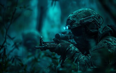 A commando using night vision goggles during a night operation, close up, stealth theme, futuristic, Silhouette, a dark forest as backdrop