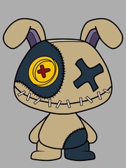 an illustration of a scary rabbit doll with a smiling stitched face