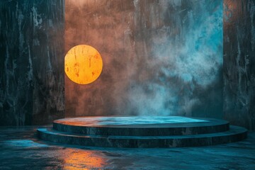 Mystical studio setup with a dark stone podium under an enigmatic orange glowing disc and atmospheric fog. Generative AI