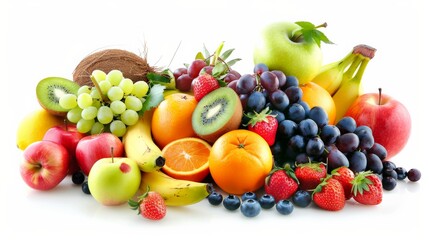 An assortment of fruits including apples, grapes, bananas, oranges, kiwi, strawberries, blueberries, and coconuts.