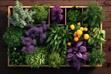 herb garden flat design top view culinary theme 3D render Complementary Color Scheme