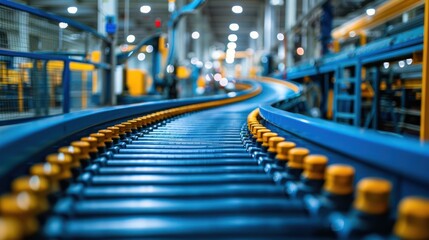 Electric Blue Conveyor Belt in City Factory with Symmetrical Rollers for Mass Production, Powered by Electricity