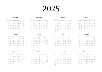 Calendar 2025, the beginning of the week Sunday, vector, Layout of organizers with 12 months in English.