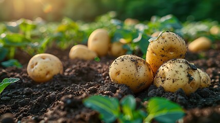 A close-up of freshly harvested potatoes still covered in soil.