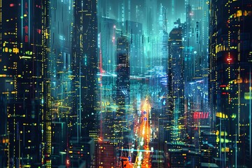 Fototapeta premium Hightech cityscape with glowing data streams