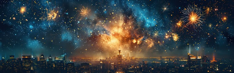 Golden Fireworks and Silhouetted Skyline on Dark Blue: Happy New Year Concept for Celebrating Holidays on Greeting Cards, Posters, Banners, and Flyers
