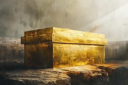  A minimalist illustration of the Ark of the Covenant, designed with simple and clean lines to evoke a sense of mystery and reverence, focusing on the symbolic elements that represent the sacred