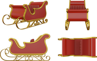 isolated santa claus sleigh 3d illustration. christmas sleigh front, side and top view