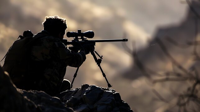 A commando using a sniper rifle for reconnaissance, selective focus, vigilance theme, dynamic, Silhouette, a rocky hillside as backdrop