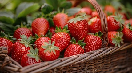 A close-up of freshly picked strawberries in a basket.